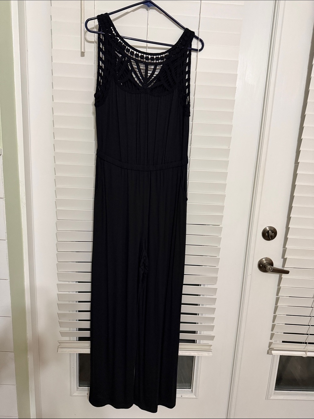 Maurices Black Crochet-Yoke Sleeveless Wide-Leg Jumpsuit